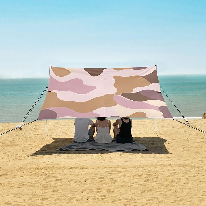 Coffee Brown Foldable Beach Tent UPF50+ Protection Easy Setup Portable Sun Shelter with Sandbags &amp Sand Shovel for Camping Trips Fishing Backyard Fun or Picnics