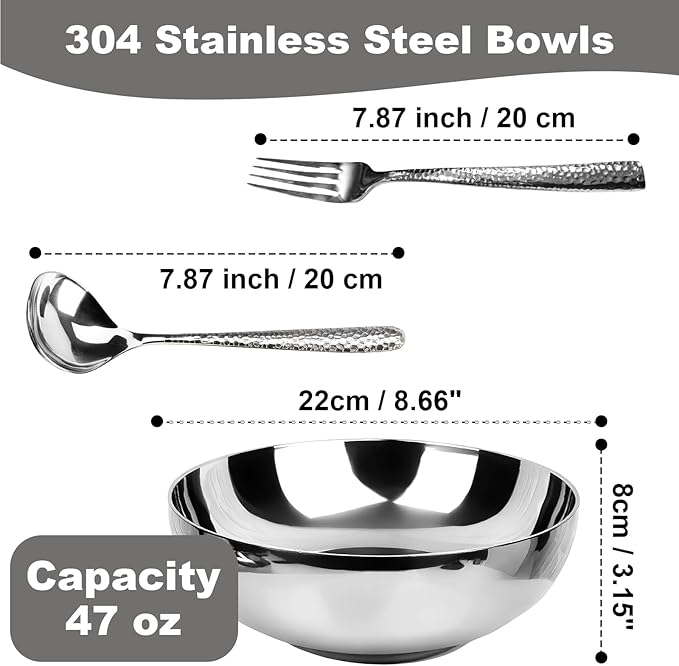 2 Pack 304 Stainless Steel Pasta Bowls 47oz Double Walled Insulated Soup Salad Bowls Unbreakable 8.7 Large Cereal/Ramen/Udon/Noodle/Pho Bowl Plates with 2 Spoons &amp Forks Dishwasher Safe