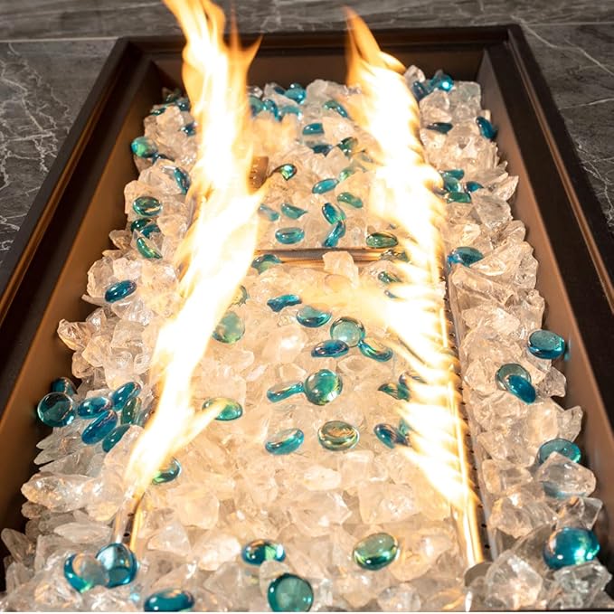 44in Outdoor Propane Gas Fire Pit Table 50000 BTU Auto-Ignition Gas Firepit with Glass Wind Guard Marble Tile Tabletop Mixed Color Glass Rocks Brown PE Rattan