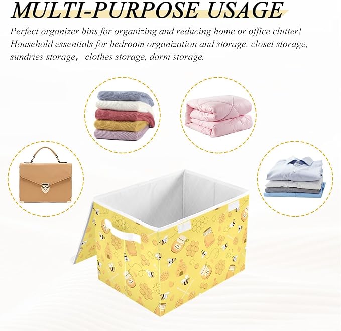 Storage Box Yellow Bee Honey Closet Storage Bins with Lids Foldable Oxford Fabric Storage Box for Home Bedroom Closet Office (16.5x12.6x11.8 in)