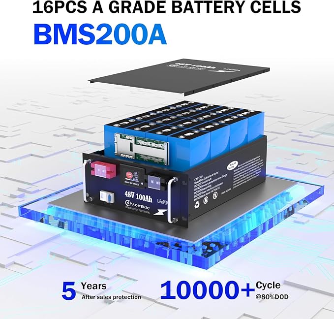 48V 100Ah LiFePO4 Battery - 200A Smart BMS Touch Screen &amp APP Control 10240W Max Output Ideal for Solar/Off-Grid Energy Storage