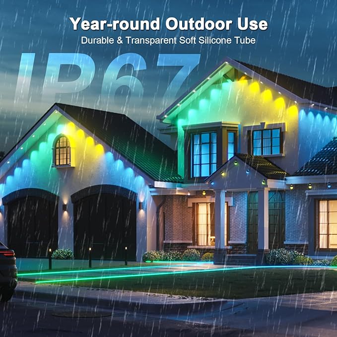 150FT Permanent Outdoor RGB Lights - IP65 Waterproof with Smart App Control Remote DIY Scene Modes Music Synchronization Eaves Lights For Garden Decor Deck Christmas Party Party HalloweenRoof