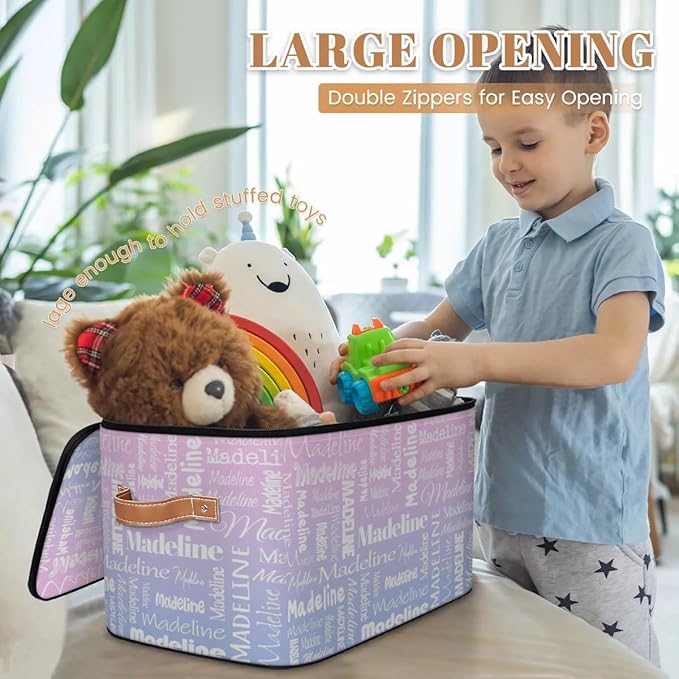 Custom Storage Basket with Name Personalized Keepsake Box with Zipper Lid Foldable Fabric Memory Bin Large capacity with Handle Pink Purple