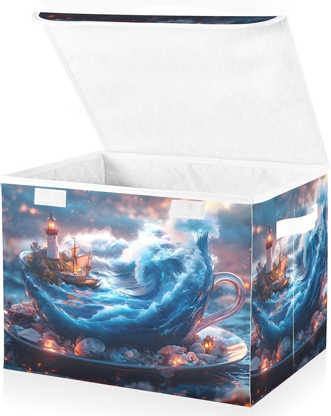 AIXIWAWA Lidded Storage Cube (Surreal Cup) Fabric Foldable Closet Bins with Flip Lid and Handles Organizer Basket Container 16.5 x 12.6 x 11.8 IN