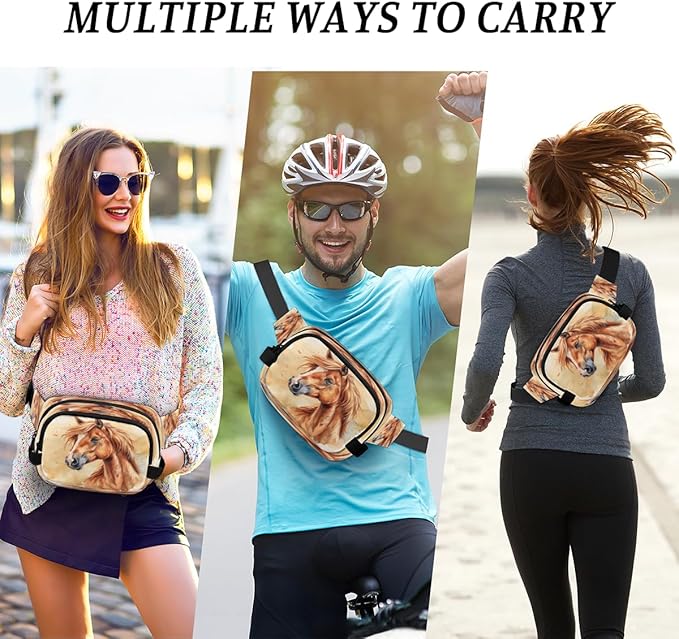 Watercolour Horse Waterproof Fanny Pack for Women Men Adjustable Waist Bag with Double Zipper Pockets Lightweight Square Hip Pack for Running Travel Hiking Workout Cycling