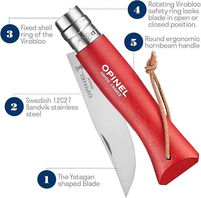 Opinel Colorama Series No. 8 - Stainless Steel Everyday Carry Folding Pocket Knife with Leather Strap Painted Hornbeam Handles