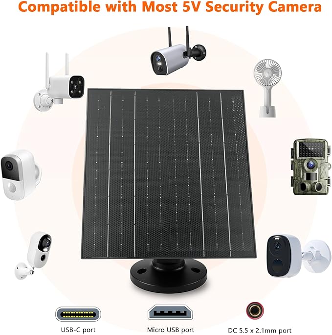 Zivif 10W Solar Charger 5V Solar Panel for Security Cameras with USB-C/Micro USB/DC 5.5x2.1mm Ports IP66 Waterproof 360° Adjustable Mount &amp 7.2ft Cable (2 Pack)