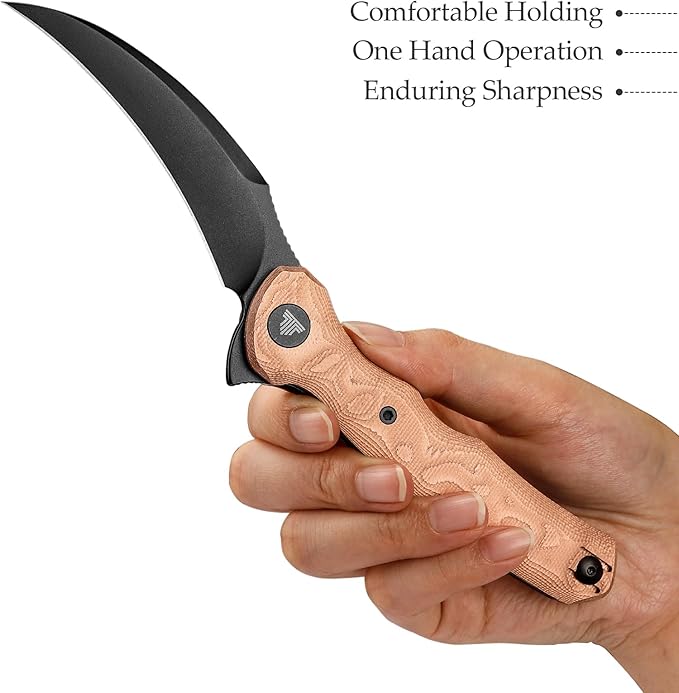 TRIVISA EDC Pocket Pikal Knife for Men Hawkbill Folding Flipper Knife with Clip3.34 14C28N Steel BladeCopper Foil HandleOutdoor Camping Lacerta-CU