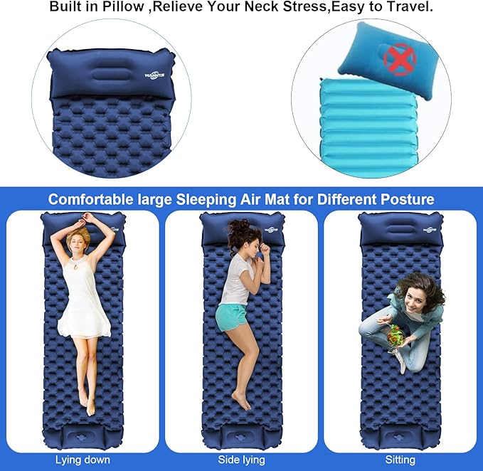 WANNTS Sleeping Pad Ultralight Inflatable Sleeping Pad for Camping Built-in Pump Ultimate for Hiking - Airpad Carry Bag-Compact &amp Lightweight Camping pad(Blue)