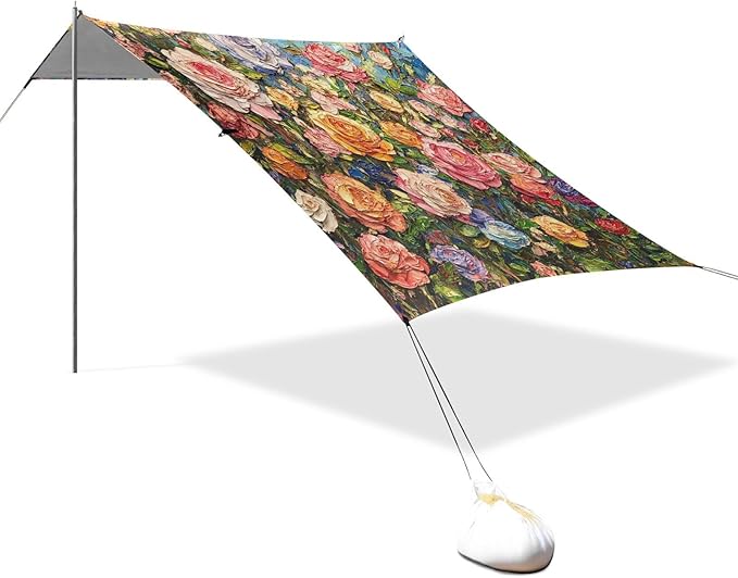 ALAZA Rose Flowers Painting Beach Tent Sun Shelter UPF50+ Protection Beach Shade Canopy w/ 4 Sandbags for Outdoor Camping Fishing Backyard Fun Picnic 10x9 ft
