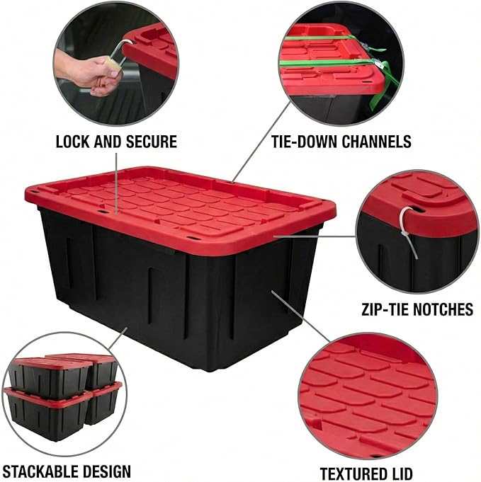 27 Gallon Storage Bin with Lid Heavy Duty Plastic Storage Tote Black and Red Stackable Storage Container for Indoor Outdoor Use Plastic Totes with Lids for Storage (2 Pack)