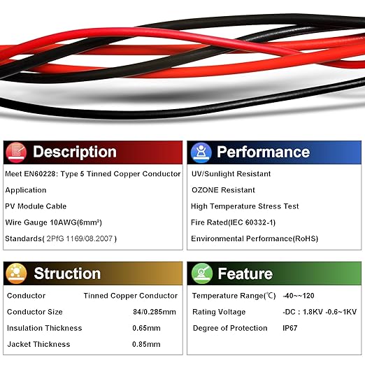 10 Gauge Wire - iGreely Solar Panel Wire 100Ft Black &amp 100Ft Red 10AWG(6mm²) Tinned Copper UV Resistant Cable for Solar Panel MPPT Controller Boat Marine Automotive RV Outdoor