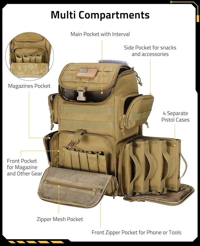 CVLIFE Tactical Range Backpack with Removable Divider Gun Cases Bag with 4 Pistol Carrying Cases Rucksack for Shooting (Tan Medium)