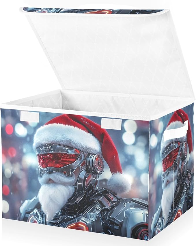 Cyber Santa Christmas Storage Cube Bins Basket with Lid Collapsible Flip-top Fabric with Handle for Home Bedroom Closet Office 16.5×12.6×11.8 in