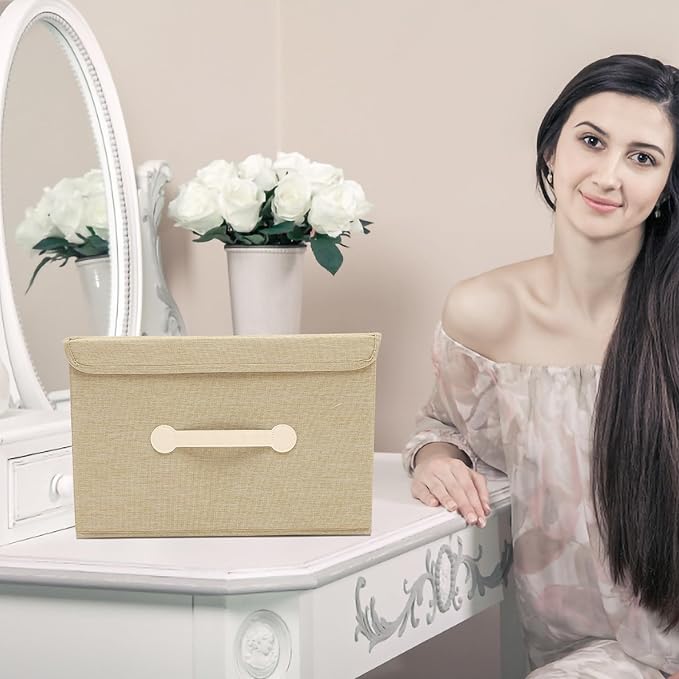 Large Foldable Storage Bin with Lid Washable Oxford Fabric Organizer Box Khaki Fabric Storage Basket for Home