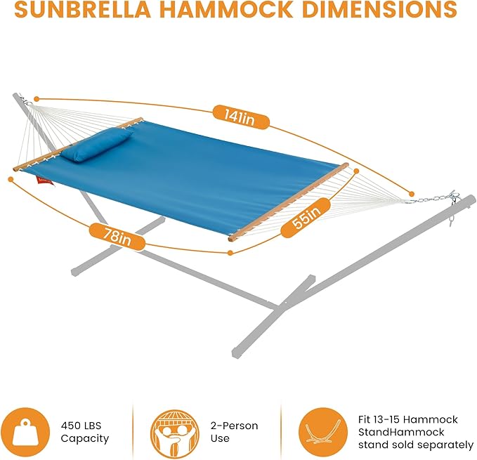 Lazy Daze Hammocks 12 FT Sunbrella Fabric Hammock not Fading with Spreader Bars and Free Pillow Fits for 2 Persons All Weather and Fade Resistant for Patio Yard 450 lbs Capacity Canvas Pacific Blue