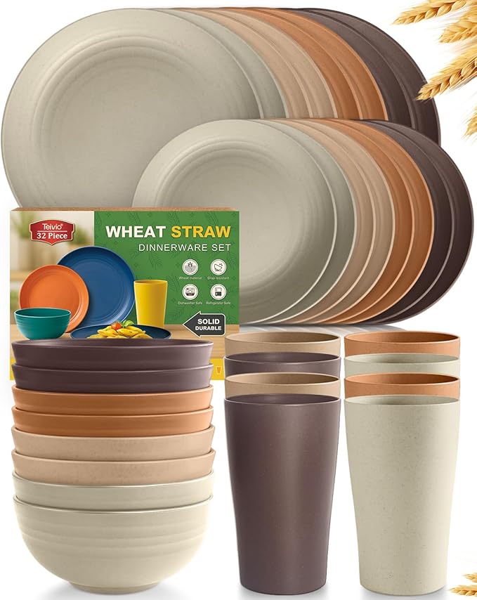 Teivio 32-Piece Kitchen Plastic Wheat Straw Dinnerware Set Service for 8 Dinner Plates Dessert Plate Cereal Bowls Cups Unbreakable Colorful Plastic Outdoor Camping Dishes Desert