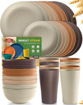 Teivio 32-Piece Kitchen Plastic Wheat Straw Dinnerware Set Service for 8 Dinner Plates Dessert Plate Cereal Bowls Cups Unbreakable Colorful Plastic Outdoor Camping Dishes Desert