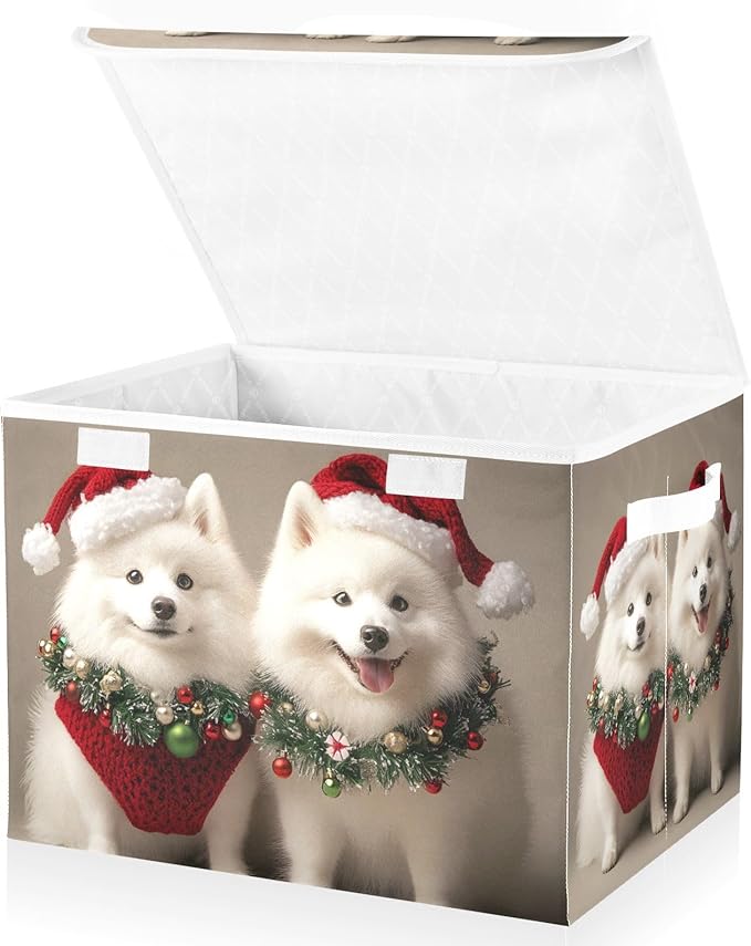 Storage Cube with Lid Dogs Christmas Print 16.5×12.6×11.8 IN Collapsible Large Capacity Foldable Storage Basket Bin Organizer