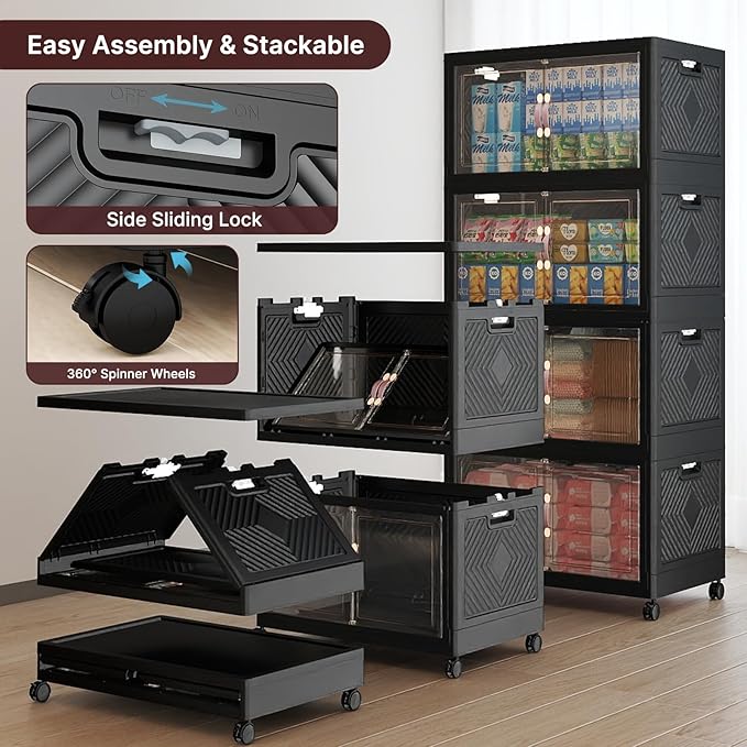 UAMFURI Stackable Storage Bins with Lids 480QT Closet Organizers Lockable Storage CabinetFoldable Storage Box with Doors and Wheels Plastic Drawers for Home Garage Office (4 Black Large)