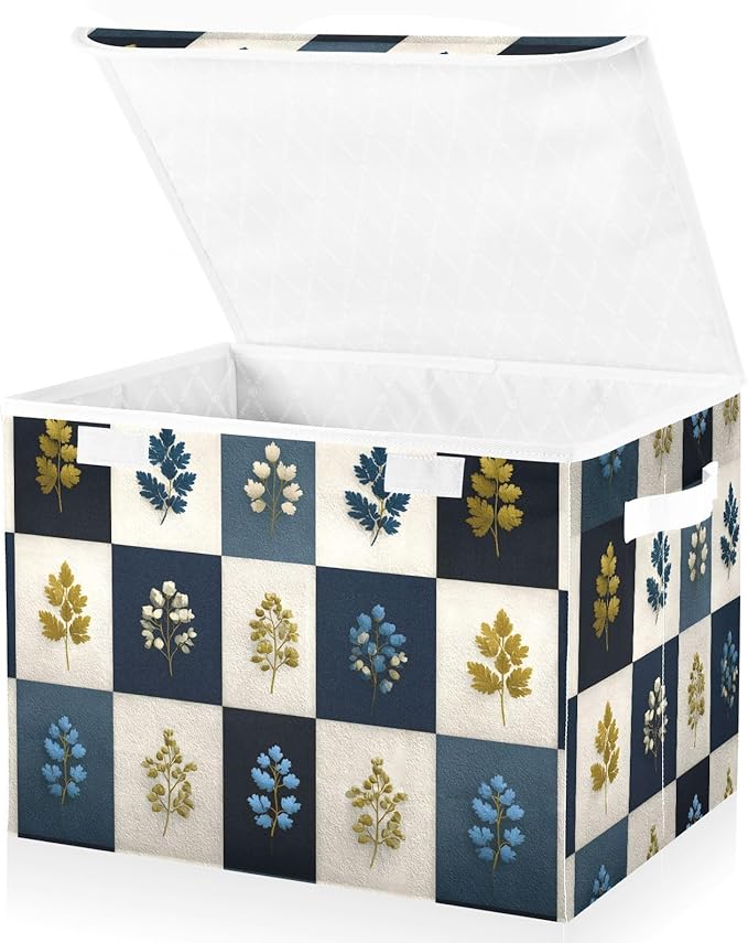 Lidded Storage Cube Luxury Leaf Checkered Print 1 Pack Collapsible Large Capacity Foldable Storage Basket Bin Organizer 16.5×12.6×11.8 in