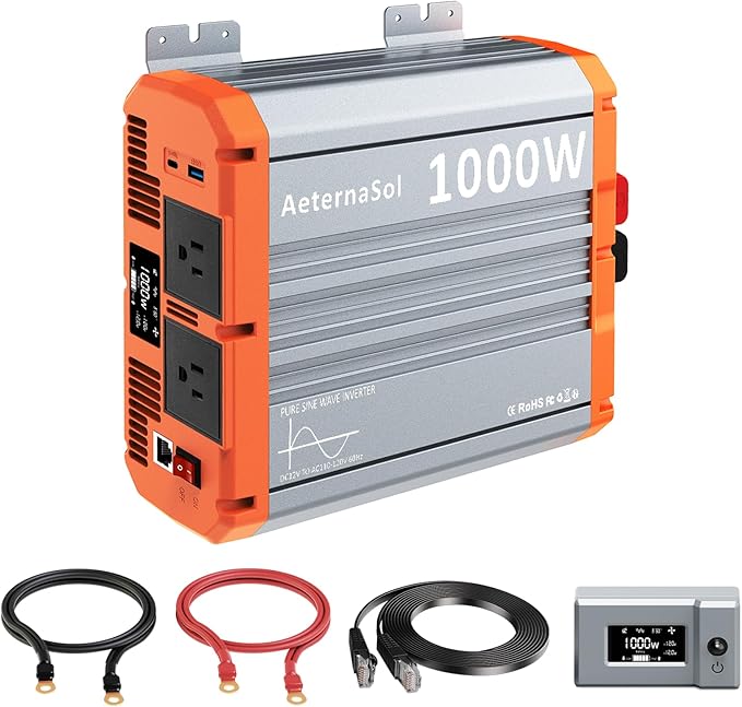 1000W Pure Sine Wave Inverter 12V DC to AC 110V/120V RV Inverter with Remote Solar Battery Inverter 12V Inverter for Power Outage Pickup Shed 2 AC Outlets USB Fast&ampType-C 2 LCD ScreensSurge2