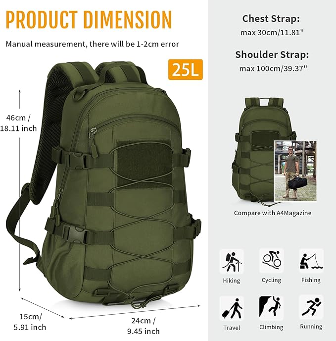 HUNTVP Tactical Backpack Outdoor MOLLE Military Hunting Rucksack Gear Assault Travel Daily 25L Pack Bag for Working Camping (Army Green)