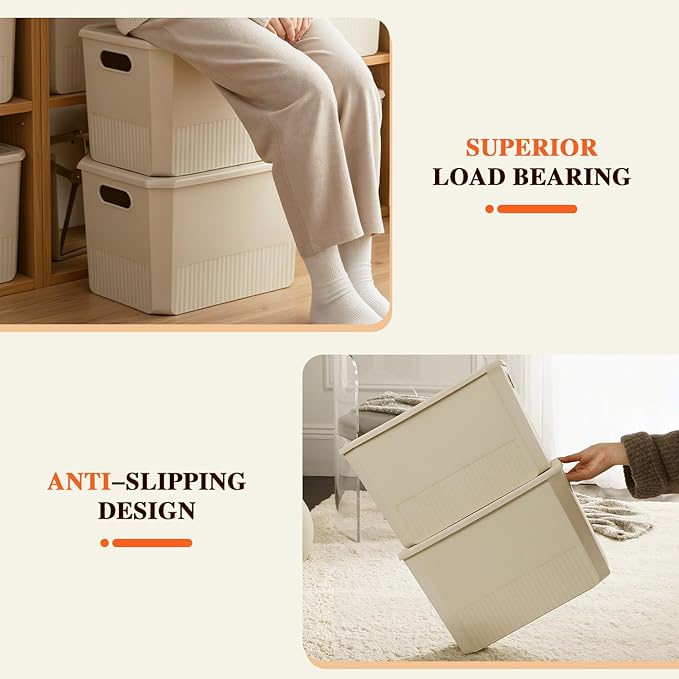 ANMINY 8PCS Plastic Storage Bins Containers with Lids Large Storage Organization Bins Boxes Lidded Plastic Storage Baskets for Closet Shelves Desktop Ivory Lids 1XL + 1L + 2M + 4S