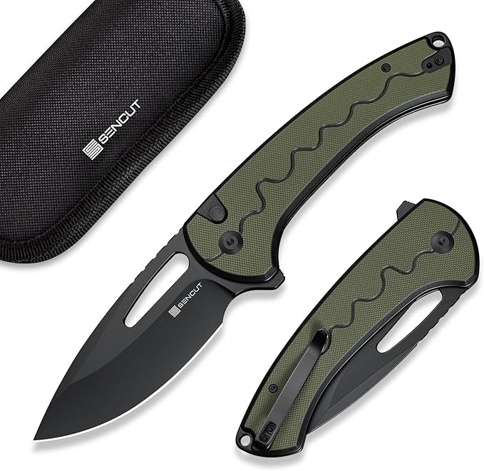 SENCUT Squiggy Pocket Knife Camping Folding Knife with 3.89'' 9Cr18MoV Blade &amp G10 Handle Reversible Clip for EDC Hiking S24082A-2 (Black/Green)