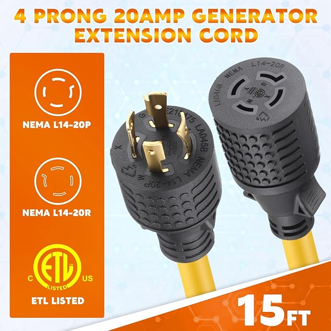 Tellegloww 15 ft 20 Amp Generator Extension Cord Compatible with NEMA L14-20P Male Plug to L14-20R Female Receptacle 4 Prong Twist Locking Generator Power Cord STW 4x12 Gauge 250 Volt 5000 Watts