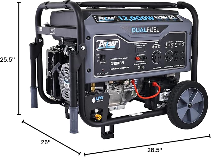 Pulsar G12KBN-SG Heavy Duty Portable Dual Fuel Generator - 9500 Rated Watts &amp 12000 Peak Watts - Gas &amp LPG - Electric Start - Transfer Switch &amp RV Ready - CARB Compliant