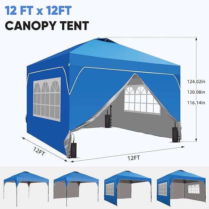 GDY 10x10 Patio Pop Up Canopy Tent with 4 Sidewalls Easy Set up with One Push Lift Outdoor Silver Coated Beach Gazebos Carpas with 4 Sandbags for Parks PartiesCamping Blue.