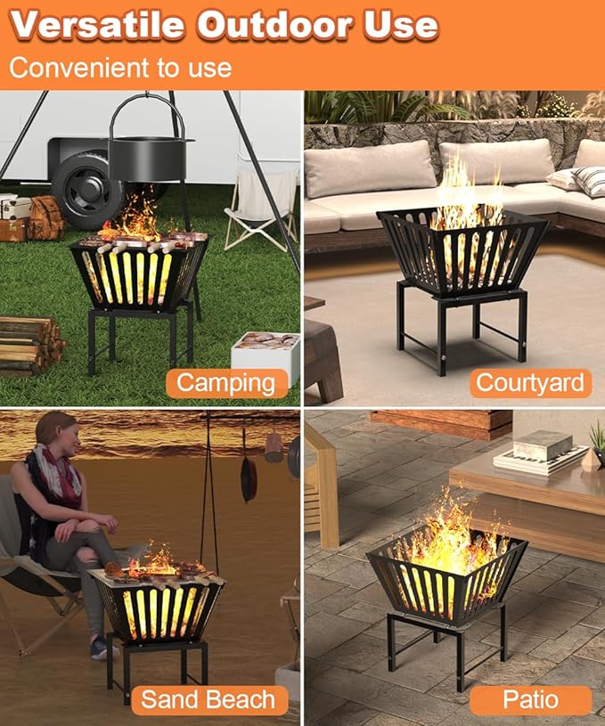 Mondazie Outdoor Fire Pit — 17 Inch Portable with Storage Bag for Camping Patio Heating Picnic and BBQ Trapezoid Vertical Hollow Black