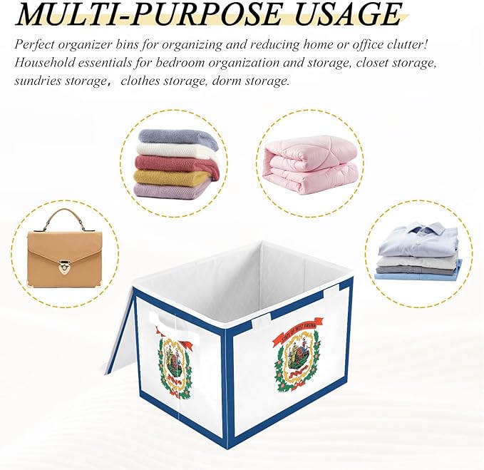 West Virginia State Flag Wv Storage Box with Lid Stackable Organizer Bins Large Storage Bins for Home Studyroom Home