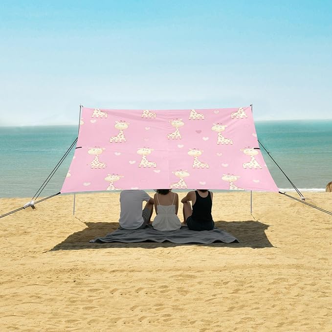 Beach Canopy with Windproof Ropes &amp Sandbags Beach Tent Sun Shade Sun Shelter for Camping Trips Fishing Backyard Fun or Picnics Giraffe