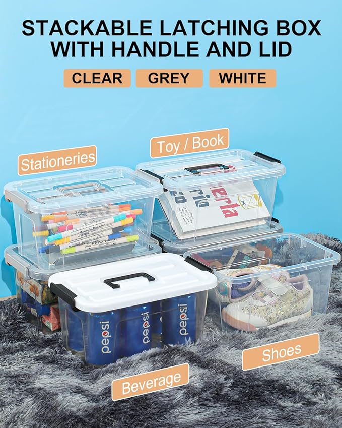 NUMIFUN Plastic Storage Bins With Lids 6 Pack Storage Organizer Bins 7 Quart Stackable Storage Bins with Lids and Black Handle Buckle Easy for Home Office Organization White