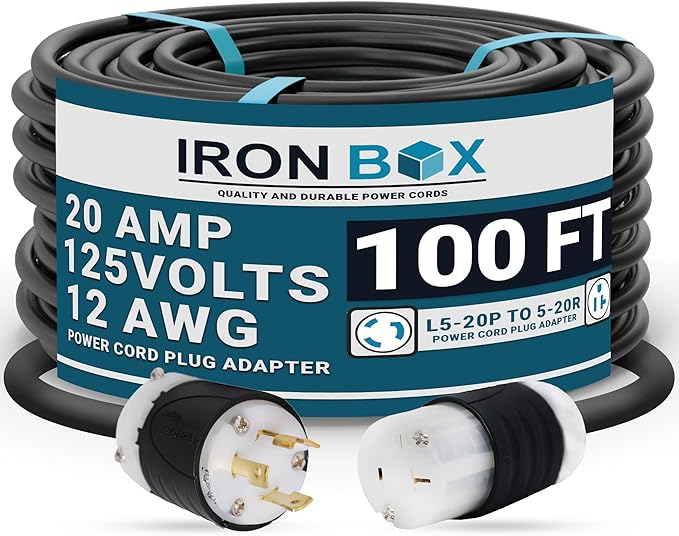 IronBox Electric NEMA L5-20P to 5-20R Power Cord Plug Adapter - 20A 125V12 AWG - UL Listed Heavy Duty Adapter Cable for Generator Data Centers Computers Outdoor Event &amp More (Custom Built 10