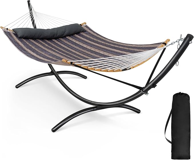 SUNCREAT Hammocks for Outside with Stand Porch Hammock and Stand 475 lbs Capacity Patent Pending Gray Stripes