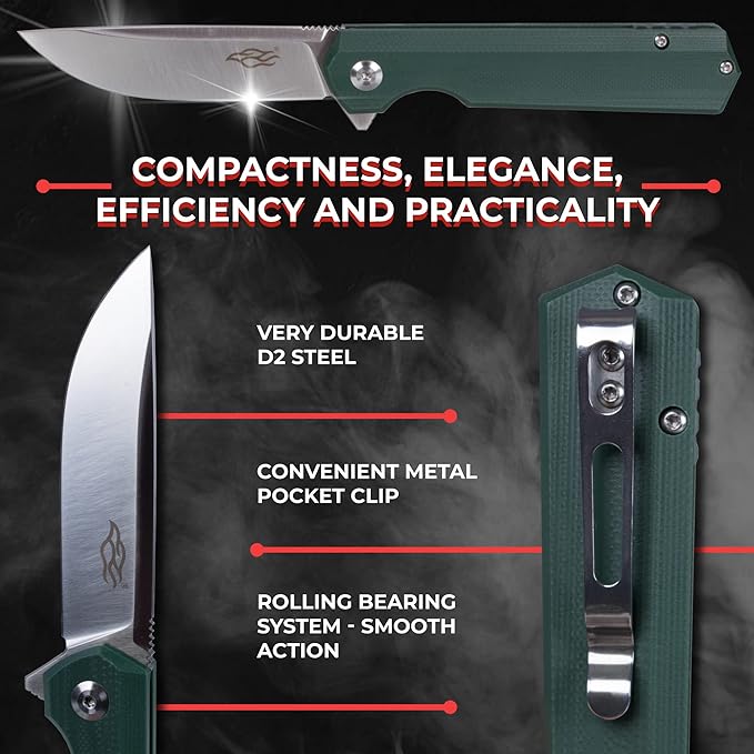 Firebird GANZO FH11 Pocket Folding Knife D2 Steel Blade G10 Handle with Clip Hunting Fishing Camping Outdoor EDC Knife (Green)