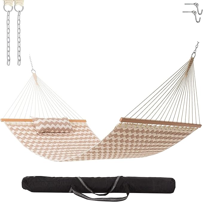 Castaway Living Large Beige Chevron Quilted Polyester Hammock – 11.5 ft. x 52 in. 350 lb Capacity Pillow Storage Bag Extension Chains &amp Tree Hooks – Outdoor Comfort &amp Style