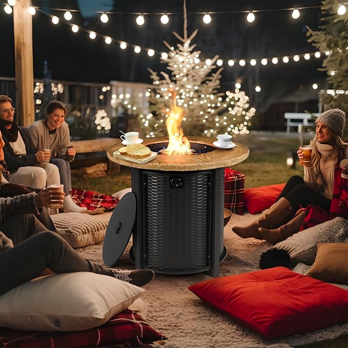 30 Inch Round Propane Fire Pit Table50000 BTU Iron Gas Fire Pit with LidIgnition Systemsw/Glass Stones and Rain CoverOutdoor Firepit Table for Patio &amp Deck
