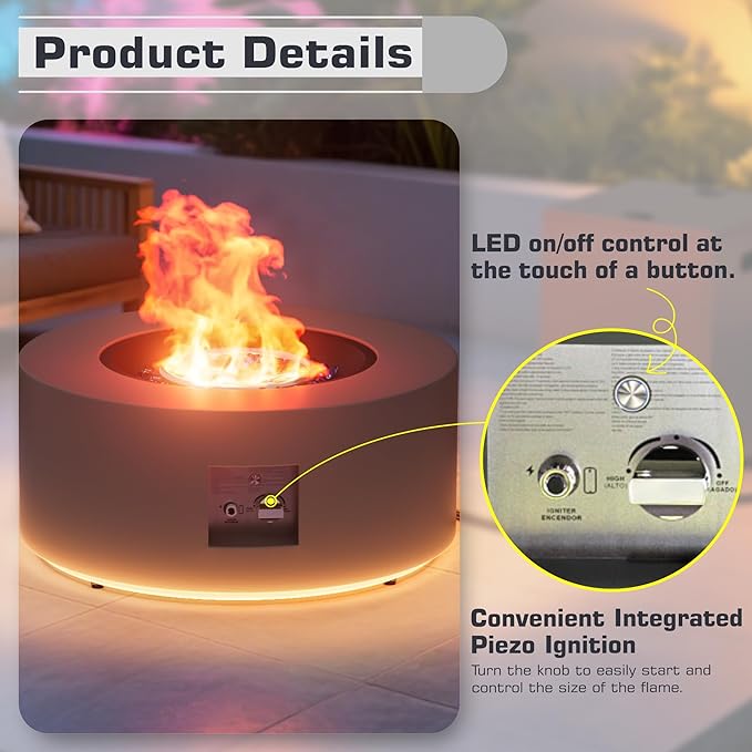 2-Piece 30 LED Round Propane Fire Pit for Outside Patio with Hidden Tank Table 50000 BTU Fireplaces with Lid Glass Rocks Cover(Dark Grey w/Golden Light)