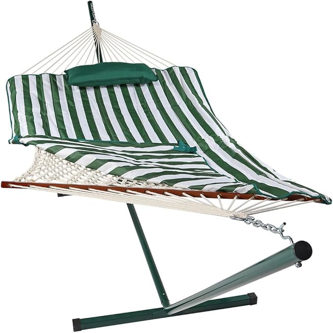 Sunnydaze Rope Hammock with Stand for Outside- 275-Pound Capacity - Includes 12-Foot Hammock Stand Spreader Bar Pad and Pillow - Green &amp White Stripe