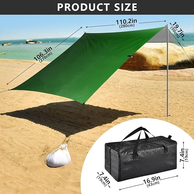 Green Deep Gradient Beach Tent UPF50+ Waterproof Large Portable Sun Shelter with Sand Pockets for Camping Fishing Backyard Fun
