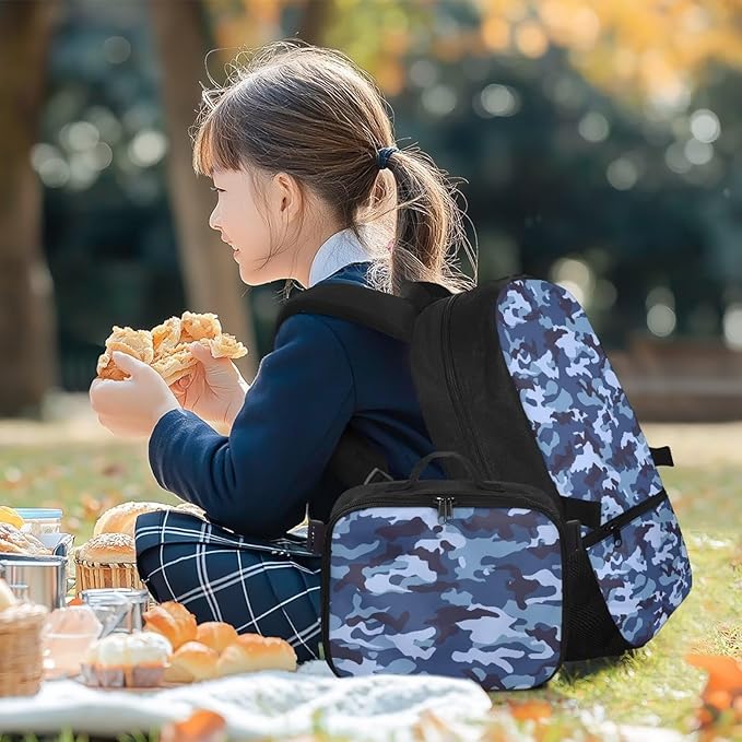 Blue Camo Backpack with Lunchbox Polyester Bookbag for Men Insulated Lunch Bag for Work Lightweight School Bag with Adjustable Shoulder Strap for Travel