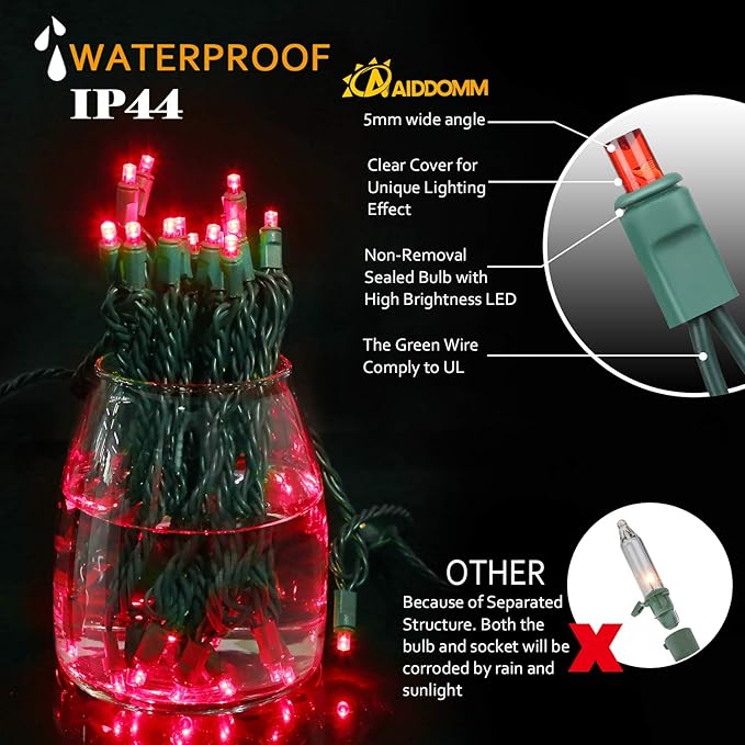 100 Counts LED Christmas Lights - 50 ft 5mm Red Commercial Grade Waterproof Indoor/Outdoor String Lights Green Wire Mini Lights for Tree Decorations UL IP:65