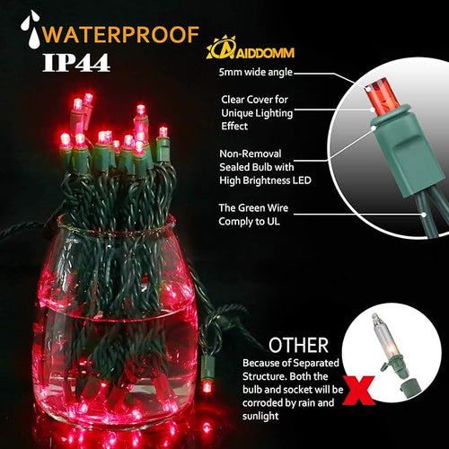 100 Counts LED Christmas Lights - 50 ft 5mm Red Commercial Grade Waterproof Indoor/Outdoor String Lights Green Wire Mini Lights for Tree Decorations UL IP:65
