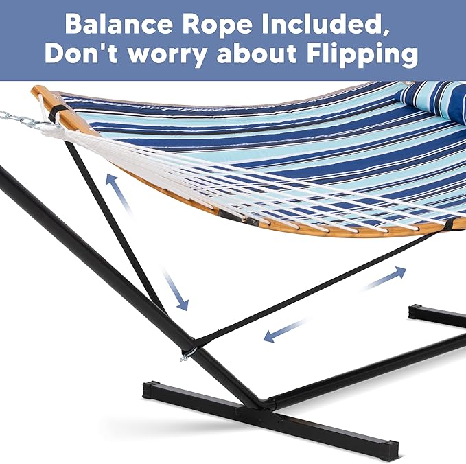 SUNCREAT Double Hammock with Stand Included Portable Hammock with Stand and Large Pillow Blue Stripes