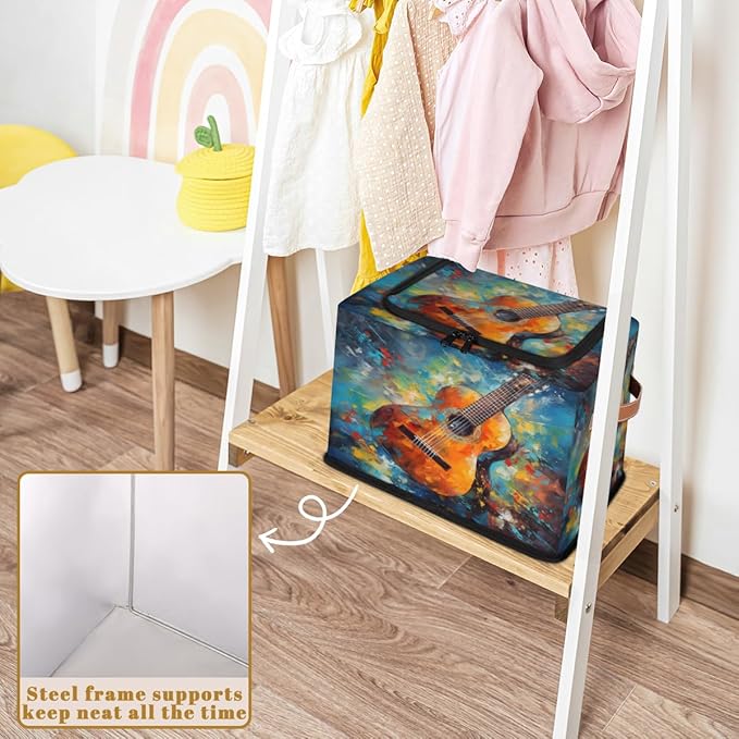 Watercolor Guitar Storage Box with Lid Music Collapsible Storage Bins Baskets Cubes Closet Shelf Clothes Organizer Containers with PU Leather Handles