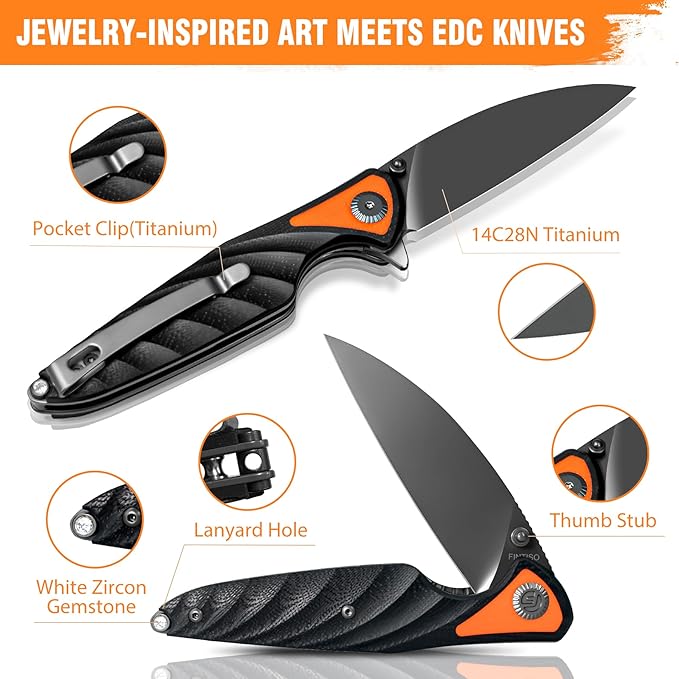 FINTISO Pocket Knife 3.15 Folding Knife Premium 14C28N Blade Black and Orange G10 Handle Bicolour Design with Liner Lock Pocket Clip for Men Women Small EDC Knife for Camping Hunting Hiking Surv